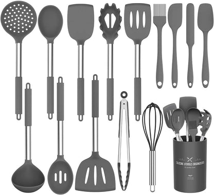 Silicone Cooking Utensil Set, Umite Chef 15pcs Silicone Cooking Kitchen Utensils Set, Non-stick - Best Kitchen Cookware with Stainless Steel Handle - Black Kitchen Utensils