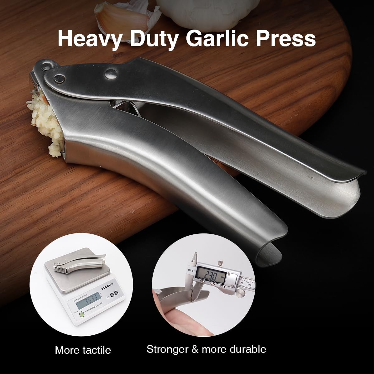 No-Peel Garlic Press – Heavy Duty Stainless Steel Garlic Crusher, Rust-Proof & Ergonomic Handle, 270° Flip for Easy Cleaning, Dishwasher Safe, 2-Year Warranty