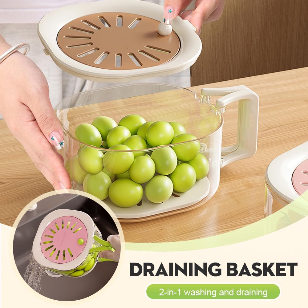 Multifunctional Fruit Washing Bowl with Strainer, 2026 Upgraded 2-in-1 Draining and Preservation Basket, Fruit Drainer Container with Foldable Handle (Blue)