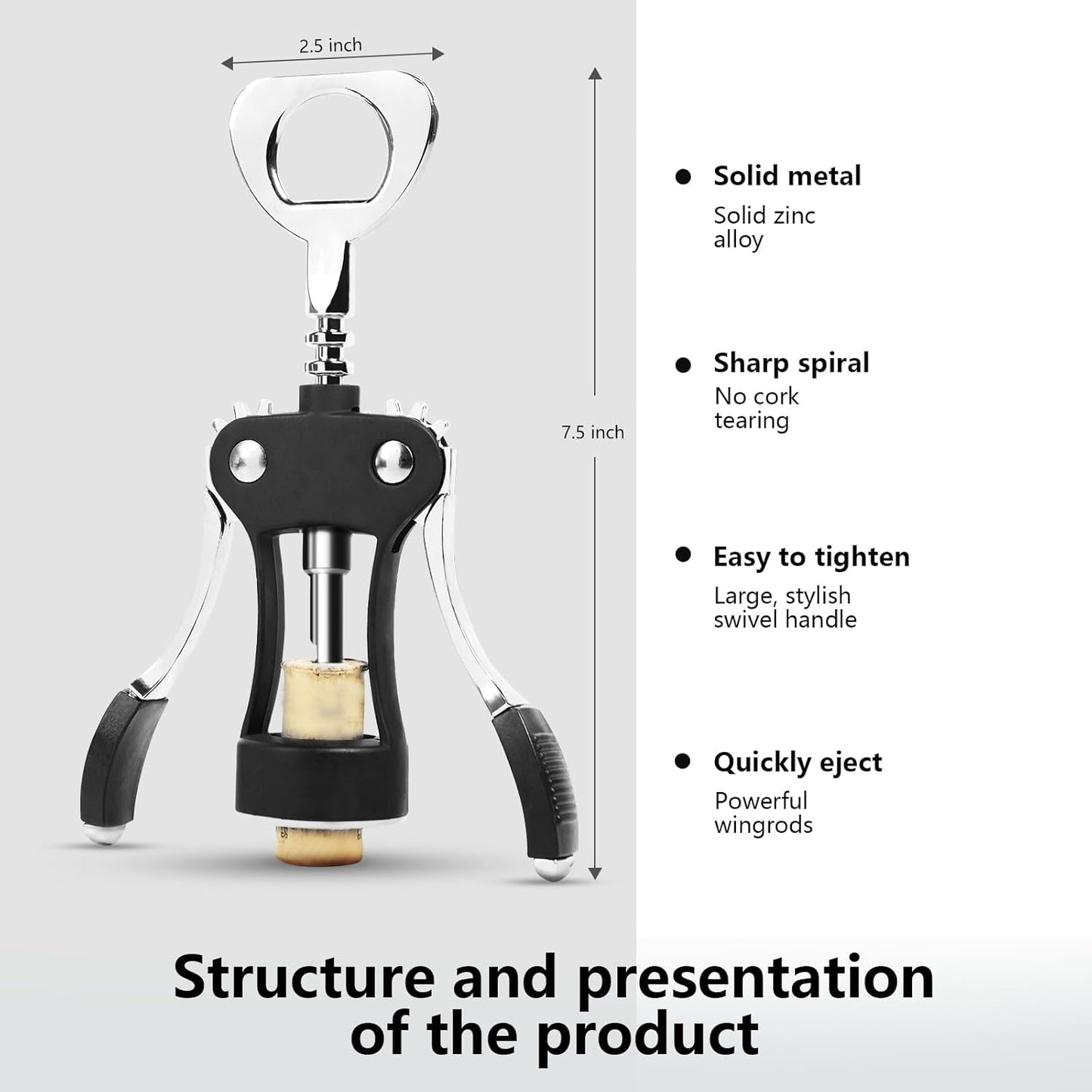 Wine Opener, Zinc Alloy Wine Bottle Opener, Wing Corkscrew Wine Bottle Opener, 2-in-1 Multifunctional Design (black)
