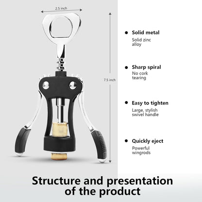Wine Opener, Zinc Alloy Wine Bottle Opener, Wing Corkscrew Wine Bottle Opener, 2-in-1 Multifunctional Design (black)