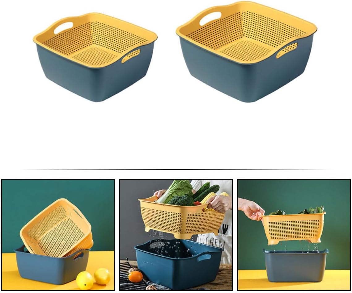 Double-layer Kitchen Colanders Vegetable Wash Basket Set, Plastic Fruit Strainer Bowls with Drainage, Large and Small Square Baskets for Kitchen Food Storage and Washing