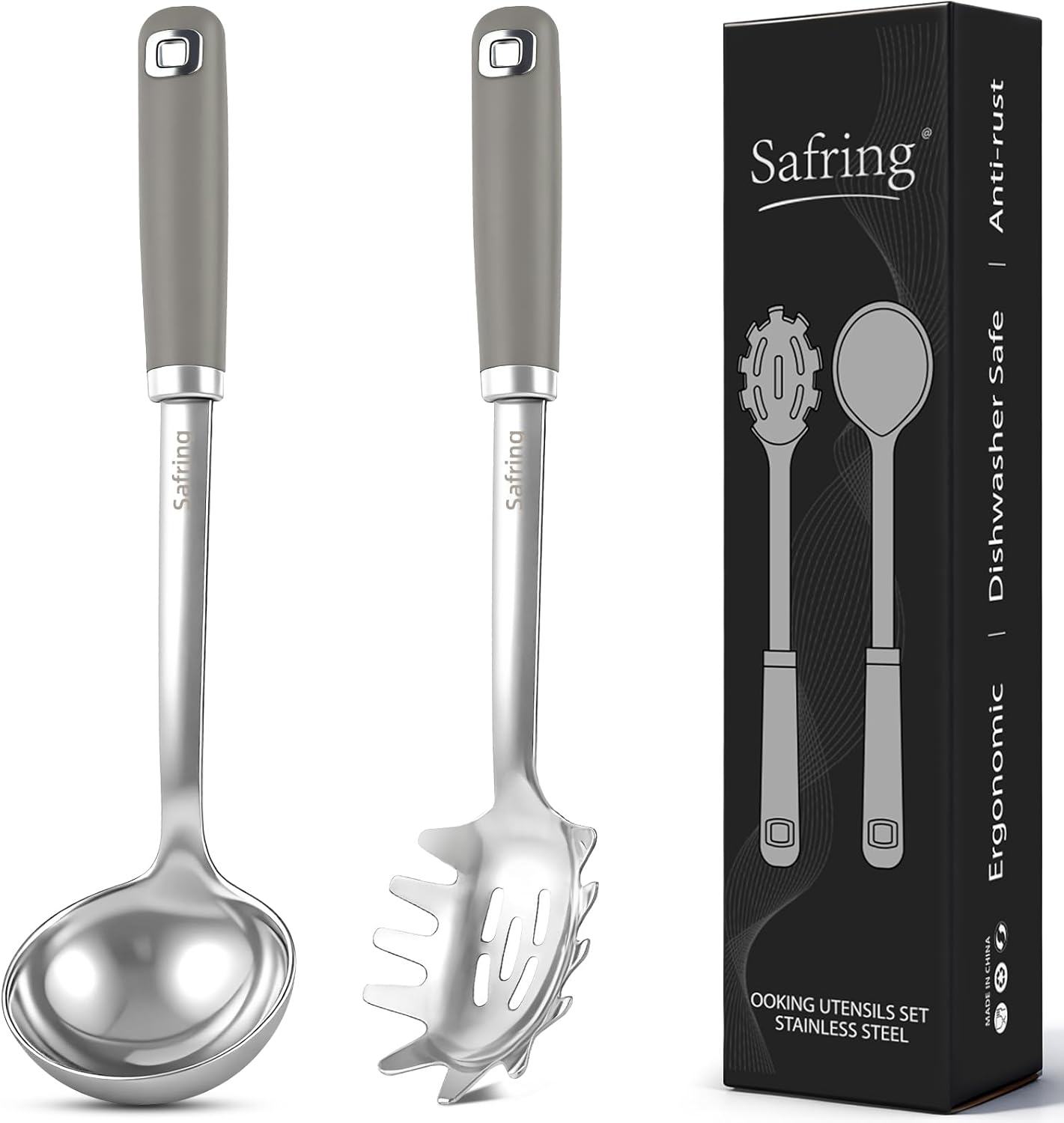 Safring Stainless Steel Soup Ladle and Spaghetti Spoon Set, Heat Resistant Rubber Handle, Dishwasher Safe, Kitchen Utensils for Cooking, Stirring, Serving Pasta, Soup & Sauce