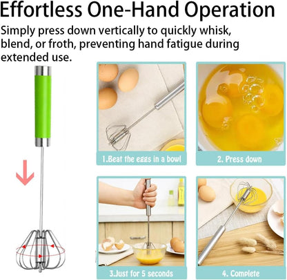 Stainless Steel Semi-Automatic Egg Whisk Set, 2PCS Hand Push Rotary Manual Mixer for Cooking, Whisking, Beating and Stirring (10&12 Inch)