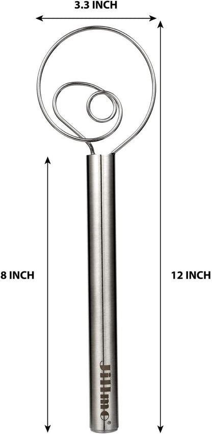 Jillmo Danish Dough Whisk, 12inch Stainless Steel Bread Whisk