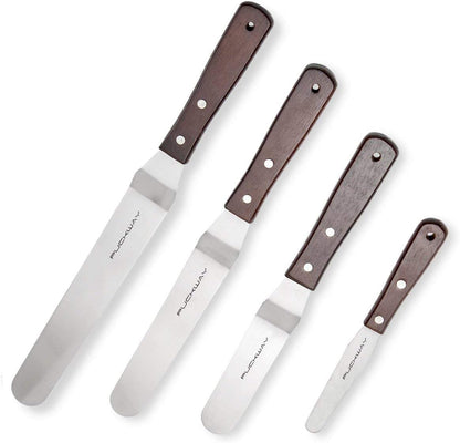 Offset Cake Icing Spatula Set of 4- Professional Stainless Steel Cake Decorating Frosting Spatulas, 4"-6"-8"-10" Flexible Resistant Blade, Wooden Handle For Easy Grip
