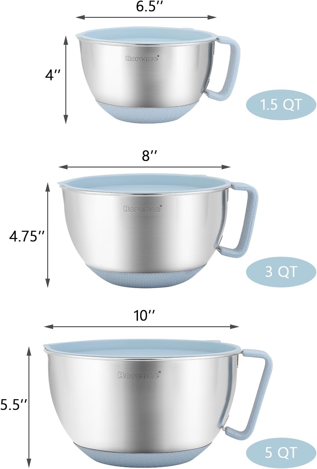Rorence Stainless Steel Non-Slip Mixing Bowls With Pour Spout, Handle and Lid, Set of 3, Black