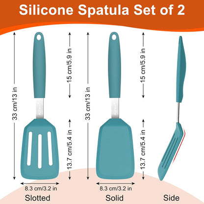 2 Pack Silicone Spatula Set, 600°F Heat Resistant Kitchen Spatula, BPA Free Solid & Slotted Turner, Flexible Cooking Utensils for Non Stick Frying Pan, Flipper for Eggs and Pancakes (Black)