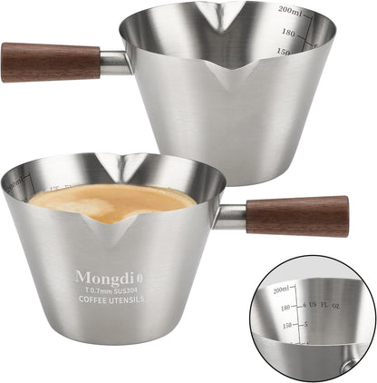Mongdio Espresso Measuring Cup, Stainless Steel Espresso Shot Cups with Wooden Handle and Double Spouts, 6.8OZ/200ML, White