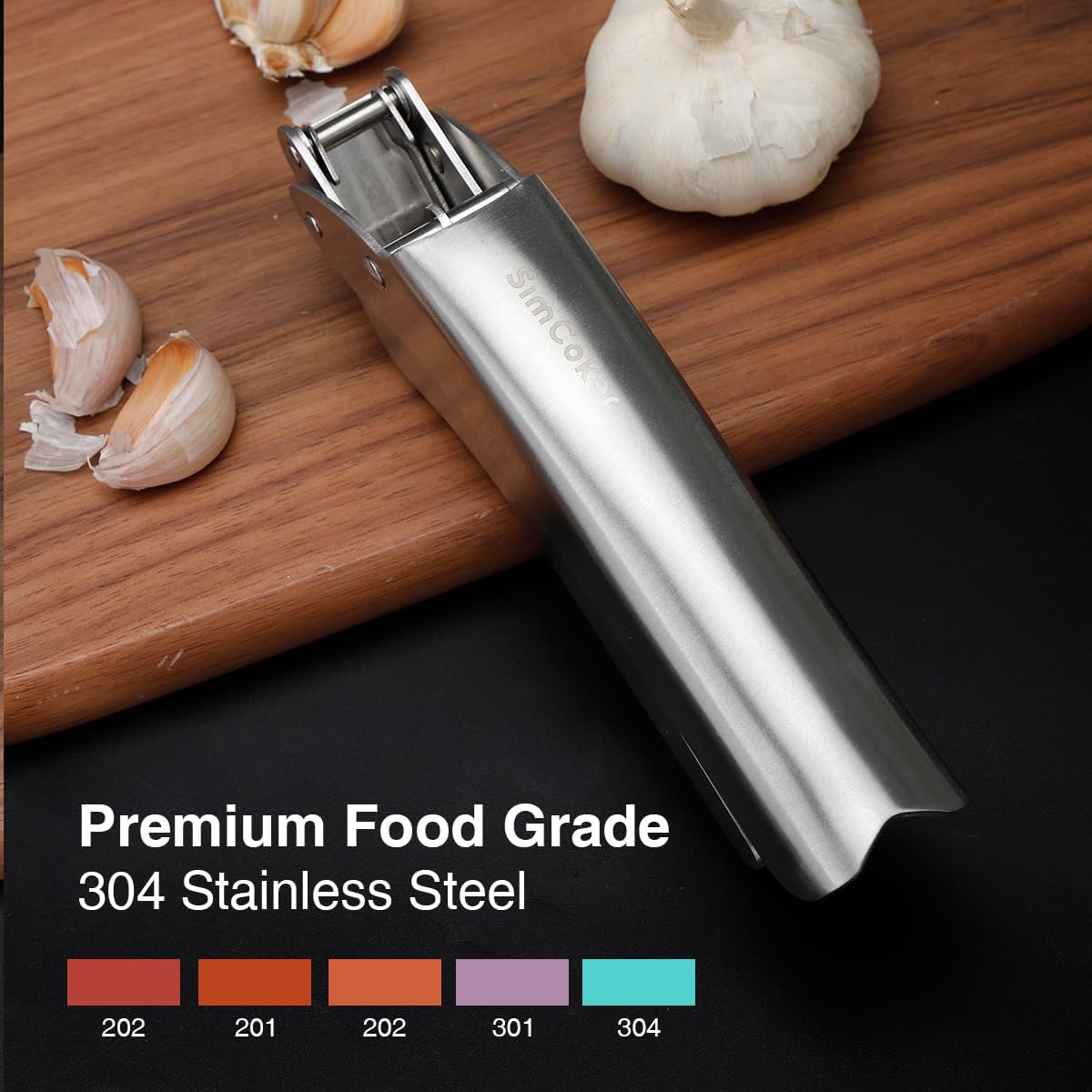 No-Peel Garlic Press – Heavy Duty Stainless Steel Garlic Crusher, Rust-Proof & Ergonomic Handle, 270° Flip for Easy Cleaning, Dishwasher Safe, 2-Year Warranty
