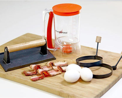 Plastic Batter Dispenser, Cast Iron Bacon Griddle Weight Press, 10 Inches Stainless Steel Omelet Egg Ring, Wood Wooden Crepe Spreader Spatula