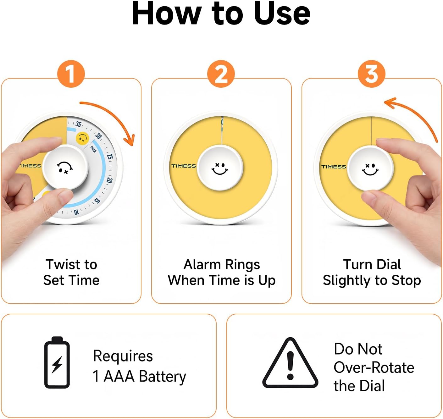 60-Minute Visual Timer, Twist to Set, Loud Battery-Powered Alarm, High-Visibility Rotary Countdown Dial for Kitchen, Work, Study & Time Management (Orange)