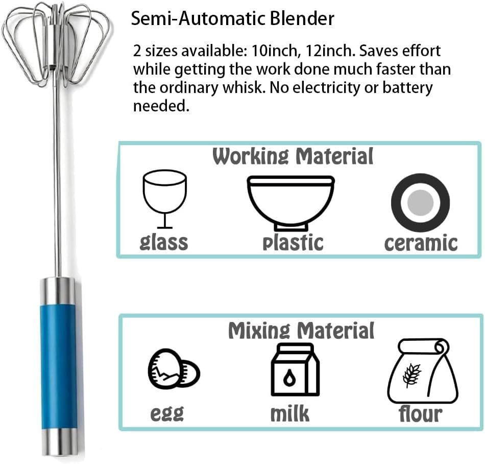 Stainless Steel Semi-Automatic Egg Whisk Set, 2PCS Hand Push Rotary Manual Mixer for Cooking, Whisking, Beating and Stirring (10&12 Inch)