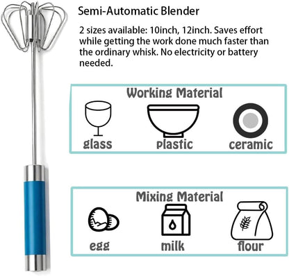 Stainless Steel Semi-Automatic Egg Whisk Set, 2PCS Hand Push Rotary Manual Mixer for Cooking, Whisking, Beating and Stirring (10&12 Inch)