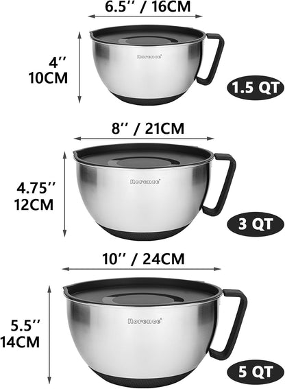 Rorence Stainless Steel Non-Slip Mixing Bowls With Pour Spout, Handle and Lid, Set of 3, Black