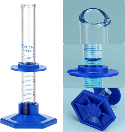 QWORK Thick Glass Graduated Cylinder 5ml Measuring Cylinder, with Plastic Base and Bumper Guards 3.3 Borosilicate Glass Lab Cylinder for Liquid Measurement with Glass Dropper