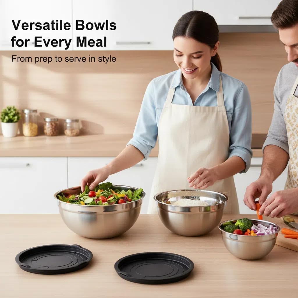 Mixing Bowls with Lids Set of 3 - Stainless Steel Nesting Bowls (1.5, 2.5, 5 QT) with Food-Grade TPE Lids, BPA-Free, Airtight & Durable for Baking, Meal Prep