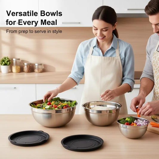 Mixing Bowls with Lids Set of 3 - Stainless Steel Nesting Bowls (1.5, 2.5, 5 QT) with Food-Grade TPE Lids, BPA-Free, Airtight & Durable for Baking, Meal Prep