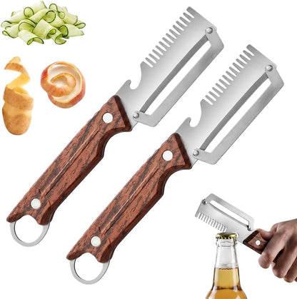 Premium Multi-Functional Vegetable Peeler for Kitchen, 2026 New Heavy Duty Stainless Steel Potato Peeler with Ergonomic Wooden Handle & Bottle Opener for Fruit and Vegetables (C-2Pcs)