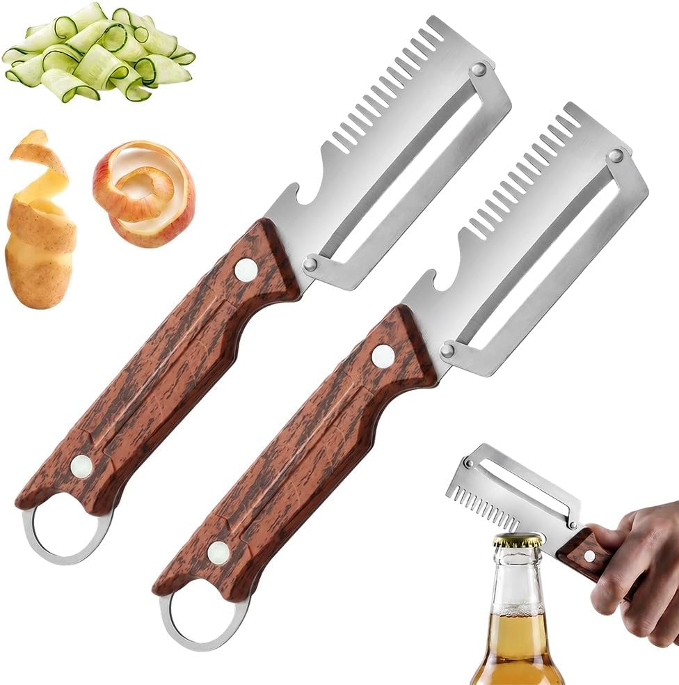 4 in 1 Multi-functional Vegetable Peeler, 2026 Upgrade Ktchen Multi-function Stainless Steel Thickened Fruit Peeler Knife with Wooden Handle, Suitable for Peeling Fruits and Shredding Scallions (2Pcs)
