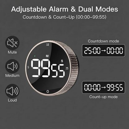 Rechargeable Magnetic Kitchen Timer, LED Countdown/Count-Up Timer, Supports USB-C Charging, with Loud Alarm, 3 Preset Quick Times (5/15/25m), Perfect for Kitchen Cooking, Studying, and Fitness