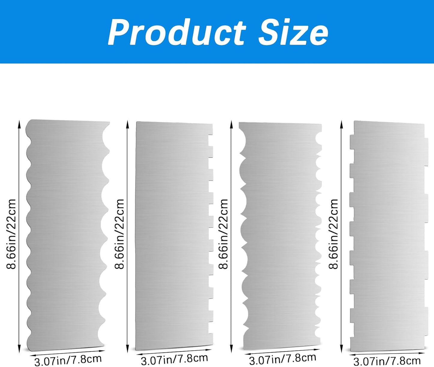 4 Pieces Stainless Steel Cake Scraper 10 Inch and Sided Patterned Edge Stripe Edge Smoother Scraper Cake Decorating Comb Cake Pastry Cutter for Mousse Butter Cream Cake Decoration