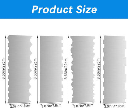 4 Pieces Stainless Steel Cake Scraper 10 Inch and Sided Patterned Edge Stripe Edge Smoother Scraper Cake Decorating Comb Cake Pastry Cutter for Mousse Butter Cream Cake Decoration