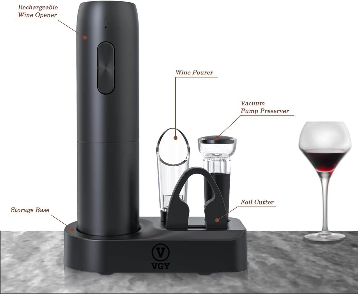 VGY Electric Wine Opener Set, 5 in 1 Rechargeable Automatic Electric Corkscrew with Charging Base, Foil Cutter, Wine Pourer & Vacuum Stopper, Electric Wine Bottle Opener for Home Bar & Wine Lovers