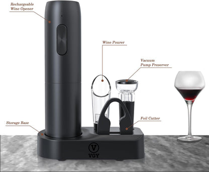 VGY Electric Wine Opener Set, 5 in 1 Rechargeable Automatic Electric Corkscrew with Charging Base, Foil Cutter, Wine Pourer & Vacuum Stopper, Electric Wine Bottle Opener for Home Bar & Wine Lovers