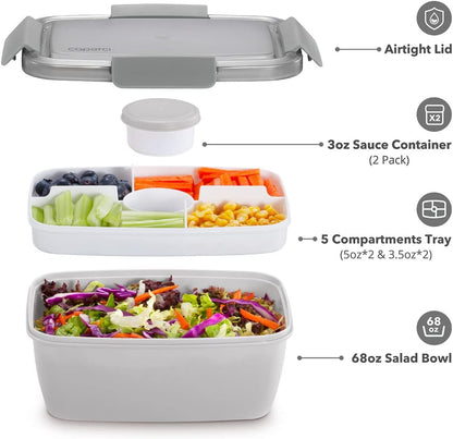 Caperci Large Salad Container Bowl for Lunch - Better Adult Bento Lunch Box 68 oz, 5-Compartment Tray, 2pcs 3-oz Sauce Cups, Stackable, BPA-Free (Navy)