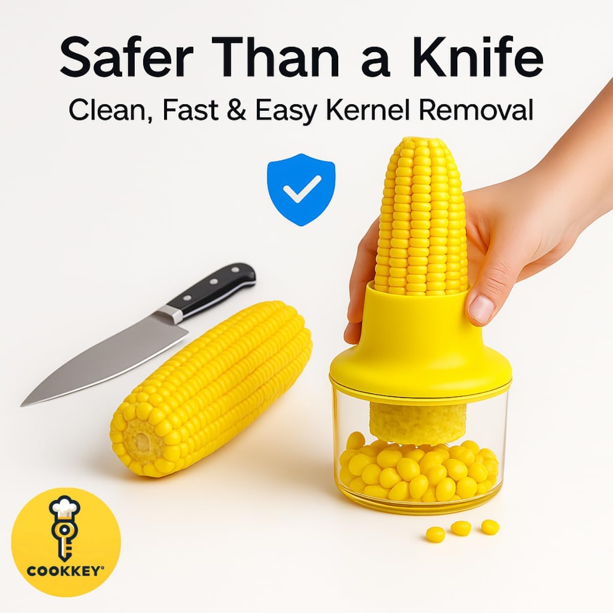 Corn Stripper & Peeler Tool with Built-In Bowl – Safe Non-Slip Handle, Fast Corn Kernel Cutter & Cob Remover, Multi-Purpose Grater for Corn, Ginger & Vegetables (Yellow) - COOKKEY