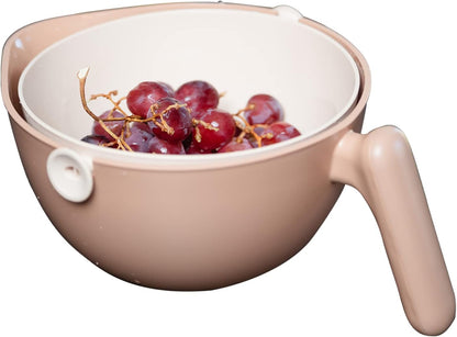 2-in-1 Washing Bowl & Rotating Food Strainer - Dual Layer Colander With Handle For Draining Pasta, Fruits, Vegetables - Food-Safe Plastic Basket (Brown)