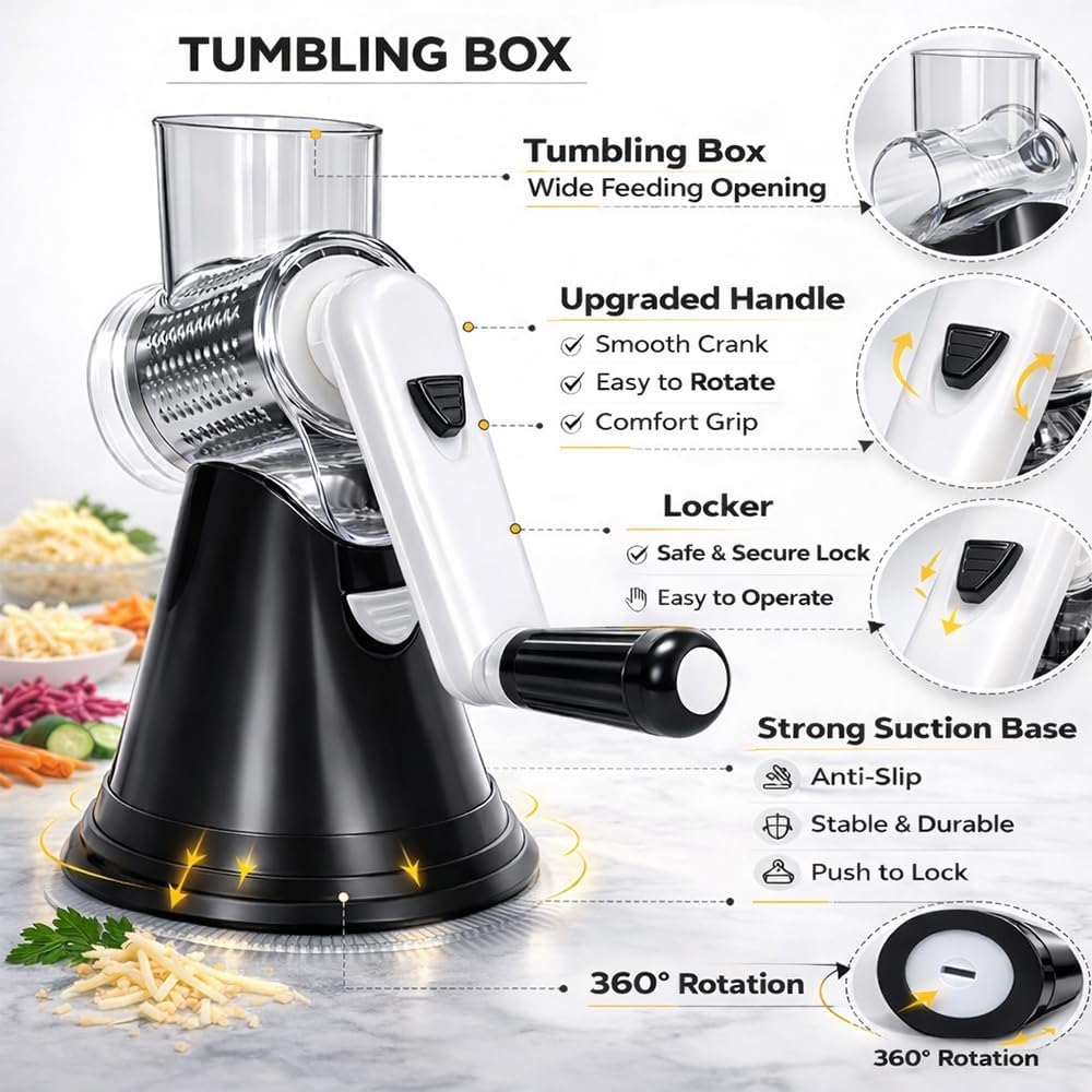 Rotary Cheese Grater, Manual Hand Crank Cheese Shredder with 3 Stainless Steel Drum Blades, Vegetable Slicer for Potato Nuts Chocolate, Easy Clean Kitchen Grater, Compact Black Design