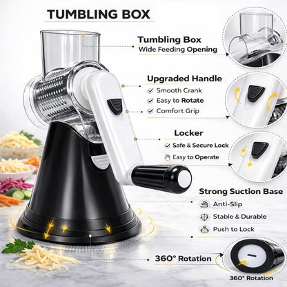 Rotary Cheese Grater, Manual Hand Crank Cheese Shredder with 3 Stainless Steel Drum Blades, Vegetable Slicer for Potato Nuts Chocolate, Easy Clean Kitchen Grater, Compact Black Design