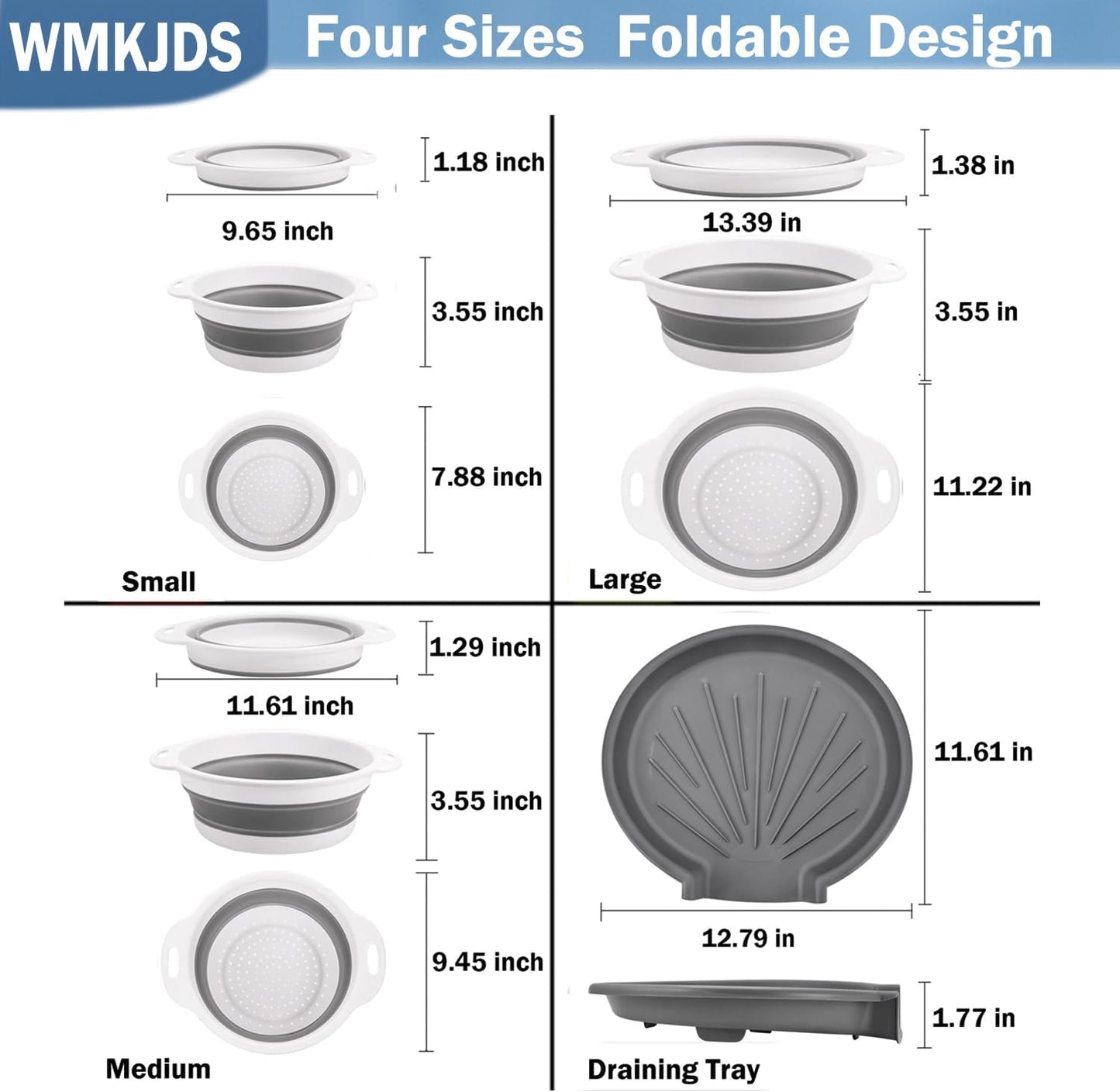 Collapsible Colanders Food Strainers, 3-Pack Foldable Kitchen Strainers with Over-Sink Water Draining Tray, Space Saving Kitchen Drainer for Vegetables, Fruit, Pasta and Rice (White-Gray)