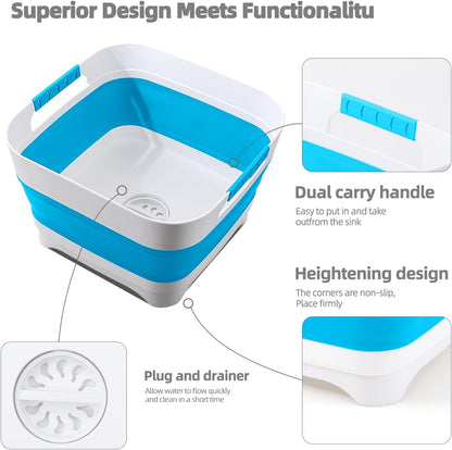 2.6 Gal/10L Collapsible Wash Basin with Drain Plug, Portable Foldable Dish Tub, Large Capacity Space-Saving Sink for Baby Bottles, RV, Camping, Kitchen, Travel & Outdoor Use