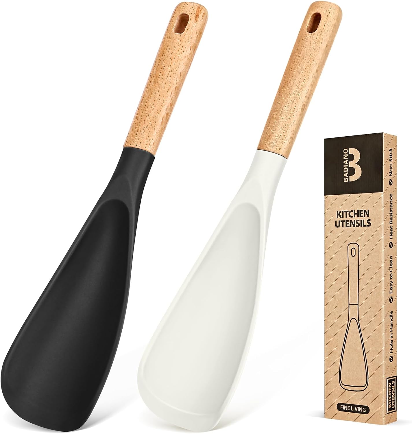 Cooking Spoon for Nonstick Cookwares, Great for Cooking and Serving Sturdy BPA-Free Matte Silicone, Wood Handle Spoon for Mixing, Scoop, and Scrape (Black & Grey, 11.4 inch)
