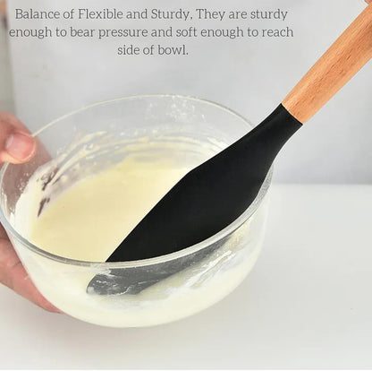LorisArm Large Wooden Handle Spatula Set, 12" Rubber Spatula 4-Pack Nonstick Silicone Spatulas for Baking Cooking and Mixing, Jar Scraper (Grey, Green, White, Black).