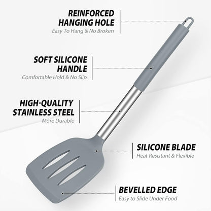 Pack of 4 Large Silicone Cooking Spatulas and Spoons, Slotted and Solid Stainless Steel Cooking Utensils Set, Non-stick Heat Resistant Kitchen for Baking, Fried, Stir-Fry, Mixing, Serving (Black)