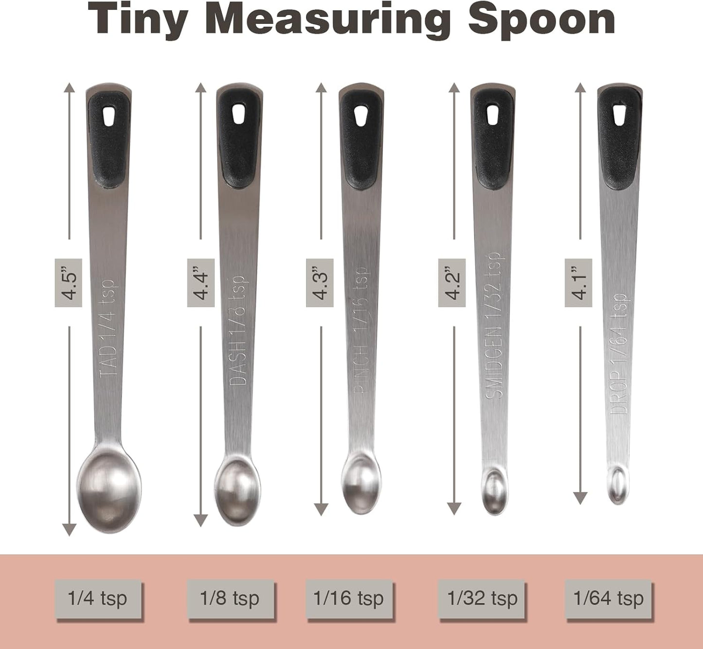 Mini Measuring Spoons Set, Tiny Stainless Steel Measure Teaspoons with Black Silicone Handle, Suitable for Small Amount of Dry or Liquid Ingredients and Spices (1/64, 1/32, 1/16, 1/8, 1/4 tsp)