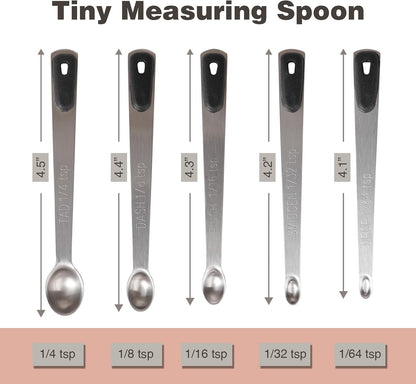 Mini Measuring Spoons Set, Tiny Stainless Steel Measure Teaspoons with Black Silicone Handle, Suitable for Small Amount of Dry or Liquid Ingredients and Spices (1/64, 1/32, 1/16, 1/8, 1/4 tsp)