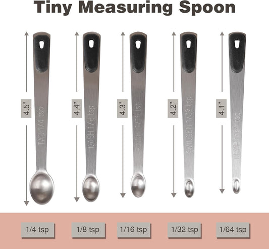 Mini Measuring Spoons Set, Tiny Stainless Steel Measure Teaspoons with Black Silicone Handle, Suitable for Small Amount of Dry or Liquid Ingredients and Spices (1/64, 1/32, 1/16, 1/8, 1/4 tsp)