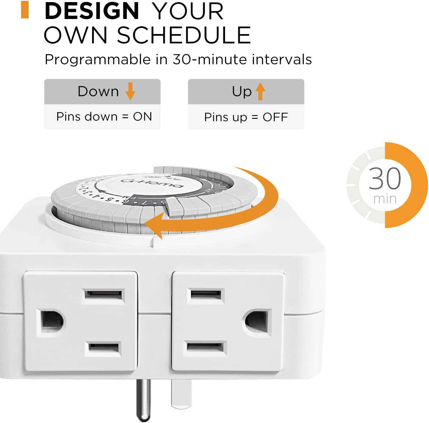 G-Homa 24-Hour Mechanical Timer Outlet with 2 Grounded Outlets - For Lamps, Holiday Lights