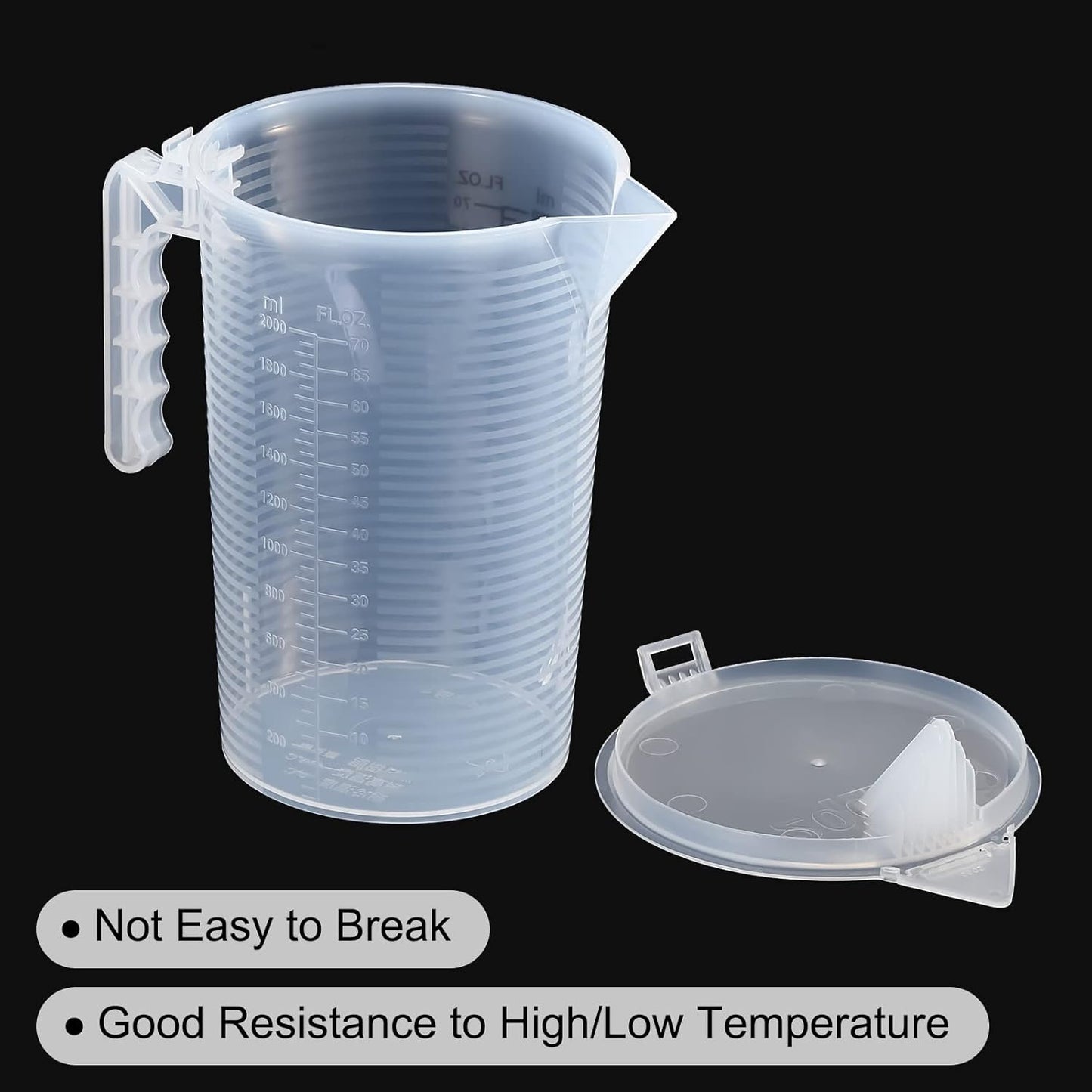 PATIKIL Graduated Beaker, 2 Pack 100ml PP Plastic Liquid Measuring Cup Double Sided Black Graduations with Handle Lid and Spout for Lab Kitchen Home
