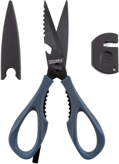 Kitchen Scissors All Purpose, Extra Sharp Kitchen Shears with Knife Sharpener & Sheath, Solid & Durable Stainless Steel Scissors with ANTI-RUST Black Titanium Plated, Dishwasher Safe - Green