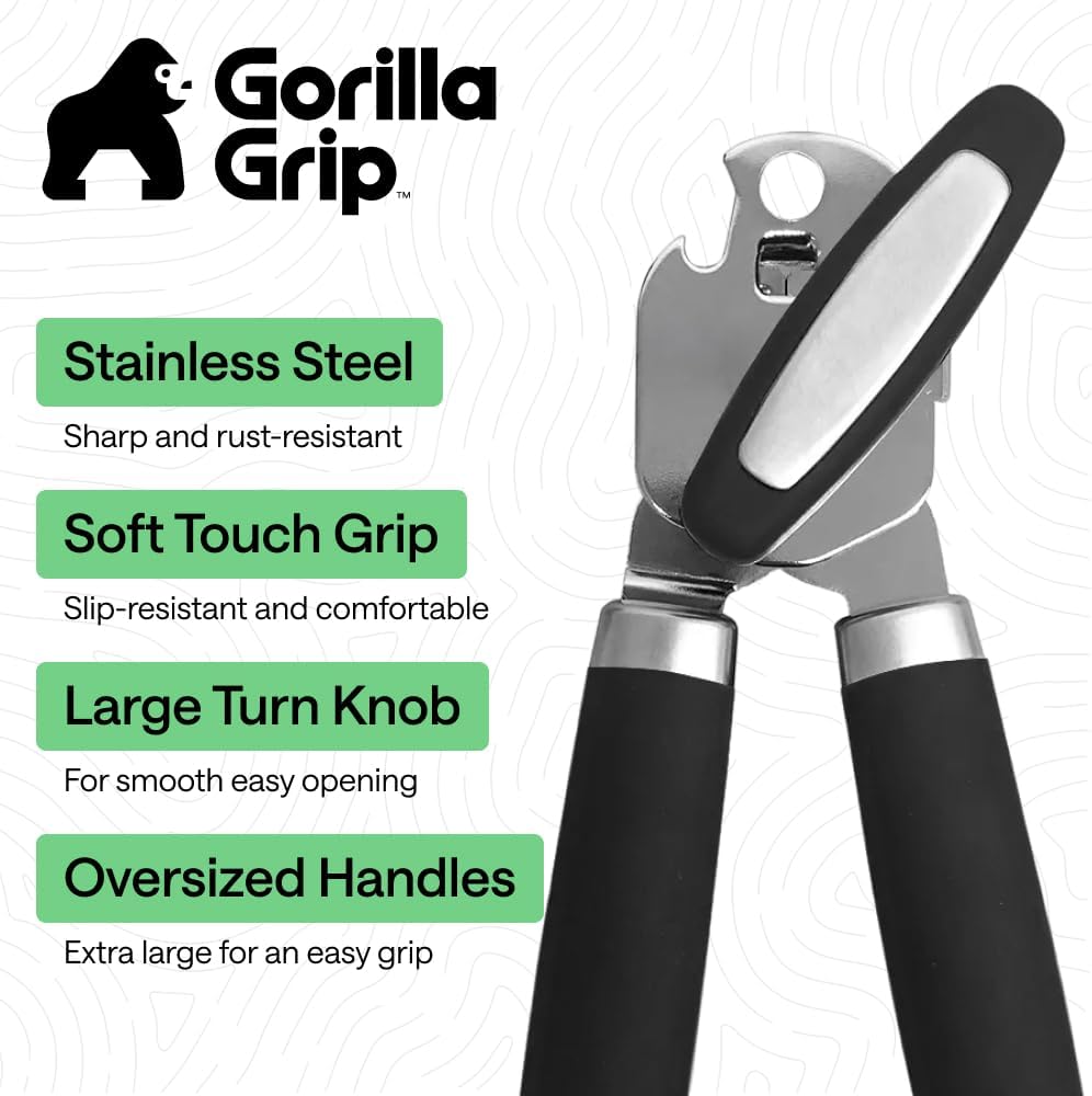GORILLA GRIP Heavy Duty Stainless Steel Smooth Edge Manual Can Opener and Bottle Openers, US Designed, Soft Comfortable Handle, Oversized Handheld Turn Knob, Multifunctional Kitchen Tool, Black