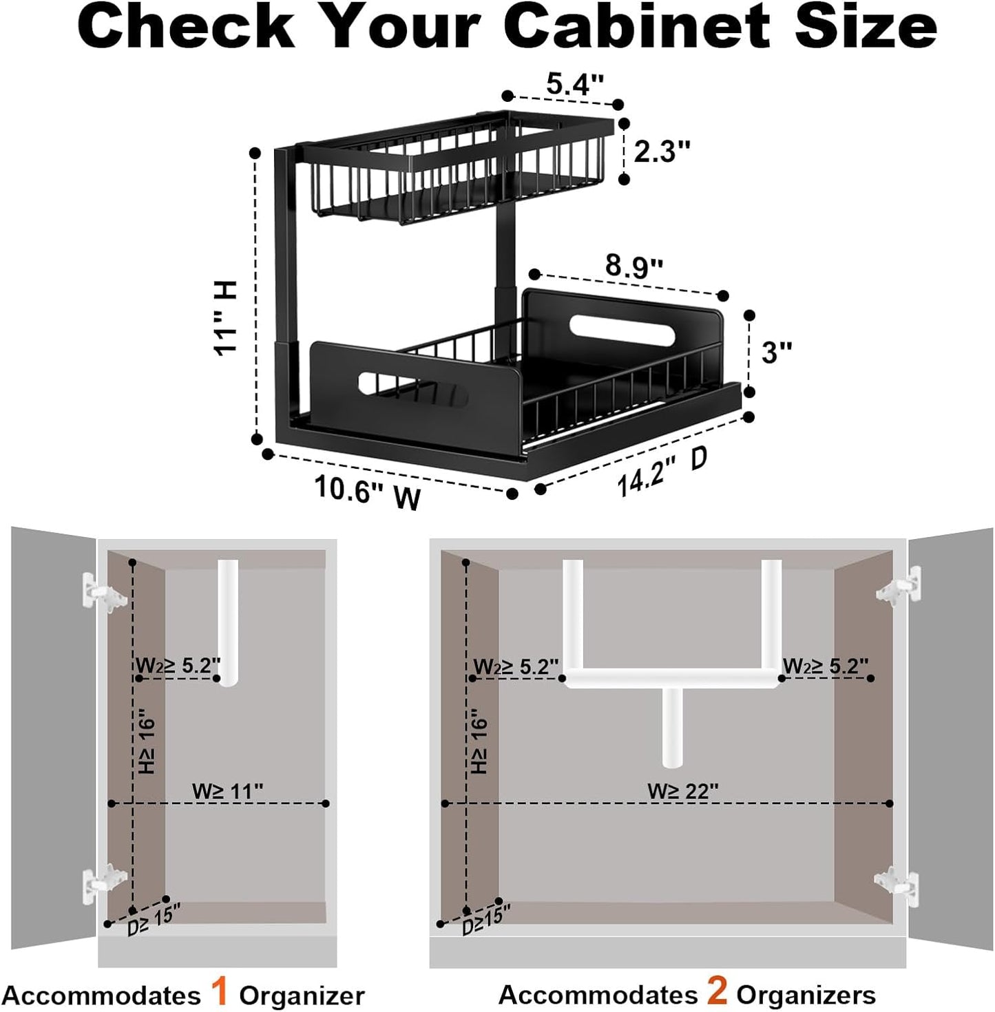REALINN Under Sink Organizer, L-Shaped 2 Tier Pull Out Cabinet Organizer for Kitchen and Bathroom, Slide Out Under Cabinet Storage, Metal Under Sink Storage with Sliding Drawer, 50 lbs, Black 2 Pack