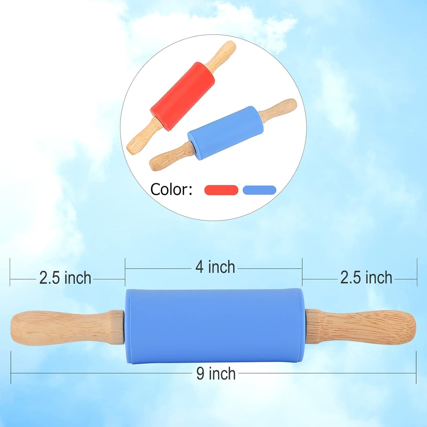 Mini Silicone Rolling Pin for Kids, Non-stick Surface Wood Handle, 9 Inch 1 Pack Blue