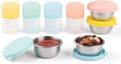 MICEBAY 8-Pack Salad Dressing Container To Go, 2-oz Silicone Small Condiment Squeeze Bottles and 1.6 oz Stainless Steel Sauce Containers Cups, Leakproof Condiment Containers with Lids for Lunch Box