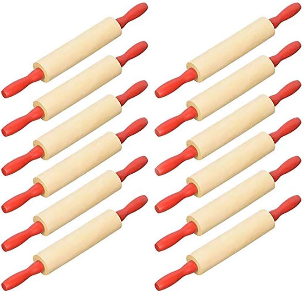 Mini Wood Rolling 7.5 Inch 12-Pack Rolling Pin for Play Dough For Little Bakers, With Red Handles Arts and Crafts Clay Roller, 7.5" (Pack of 12)